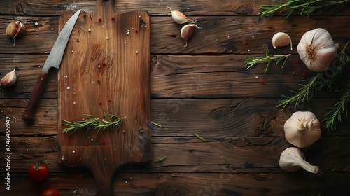 Vintage cutting board displayed on wooden planks for a creative food background concept