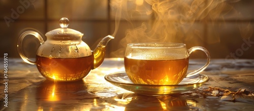 A hot teapot, steam rising from it, sits next to a glass teacup filled with tea on a wooden table.