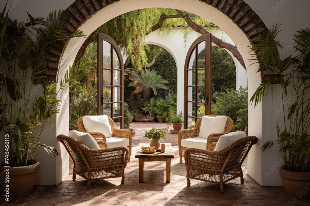 Fototapeta premium Sunny Spanish-Inspired Patio Vibes: Arched Doorways & Rattan Chairs