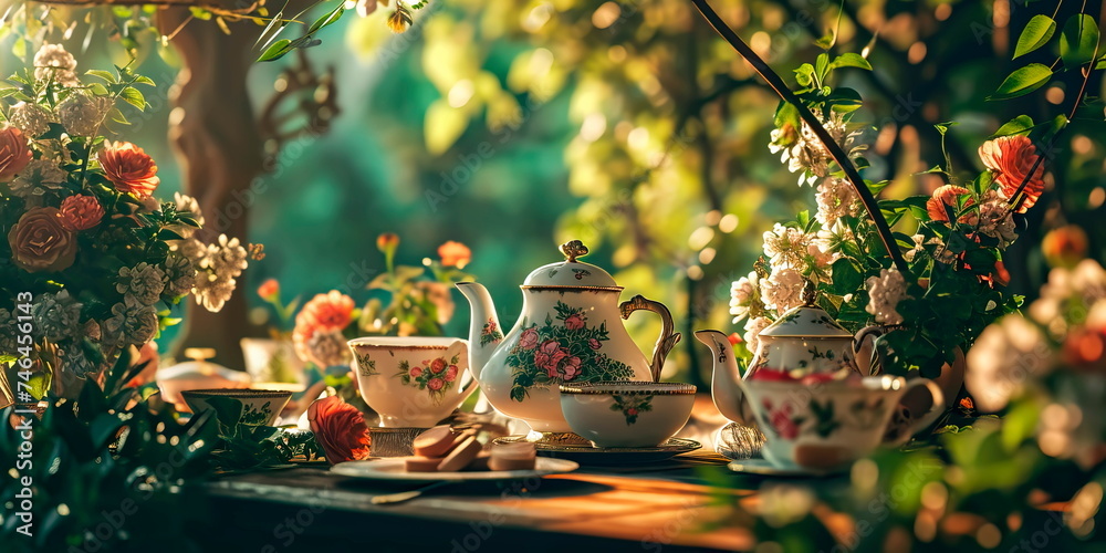 Spring tea party, background with a charming tea party surrounded by blooming flowers and greenery. Generative AI - obrazy, fototapety, plakaty 