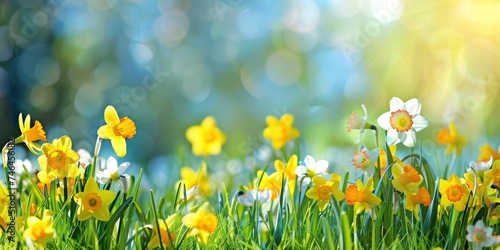 Yellow spring flowers background with blur copy space 