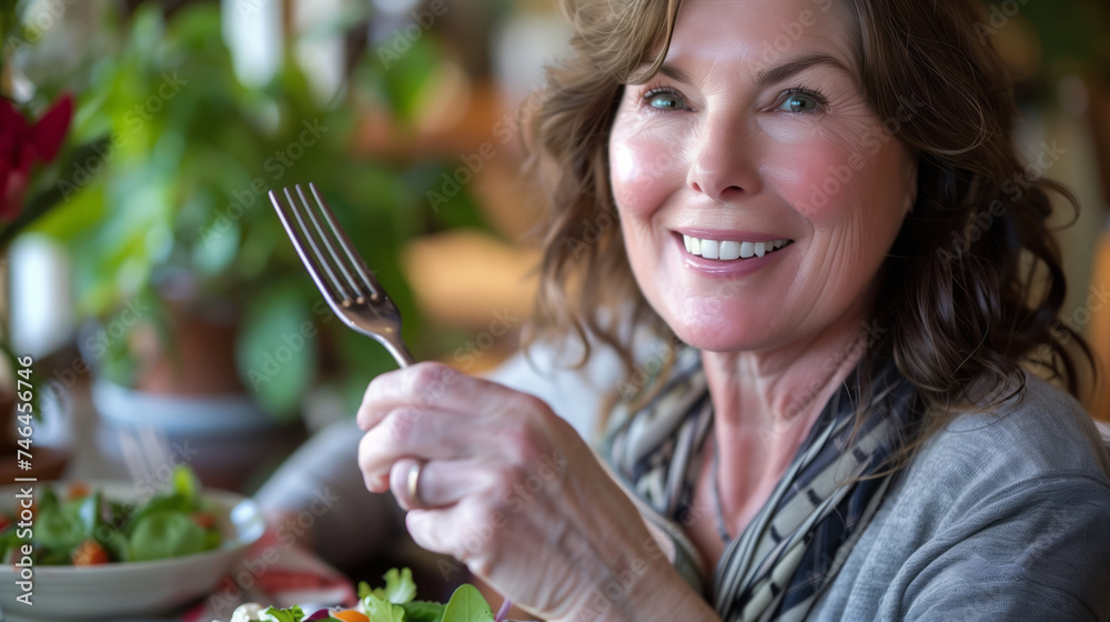 Portrait of a smiling Caucasian woman enjoying a salad Portrait of a smiling Caucasian woman enjoying a salad