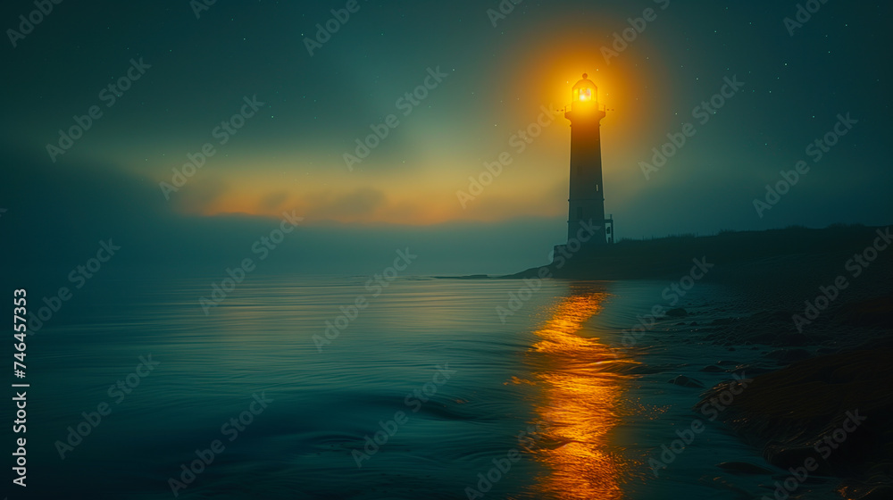 A lighthouse emits a warm glow over a tranquil sea under a starry sky at dusk.