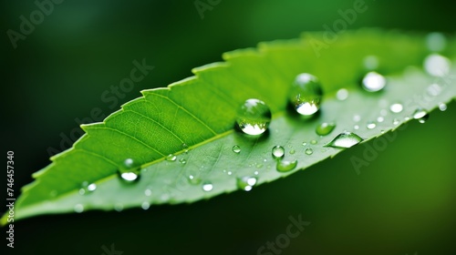 Water droplets on leaf, reflective properties, blurred background, copy space for text