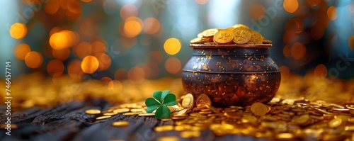 Leprechaun pot full of golden coins and four-leaf clover on wooden table. St. Patrick day greeting card wishing good luck bokeh effect
