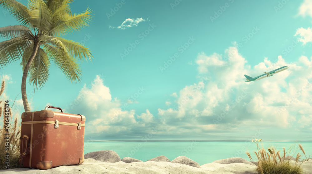 Obraz premium Travel vintage suitcase on tropical beach with airplane flying over. Summer vacation concept.