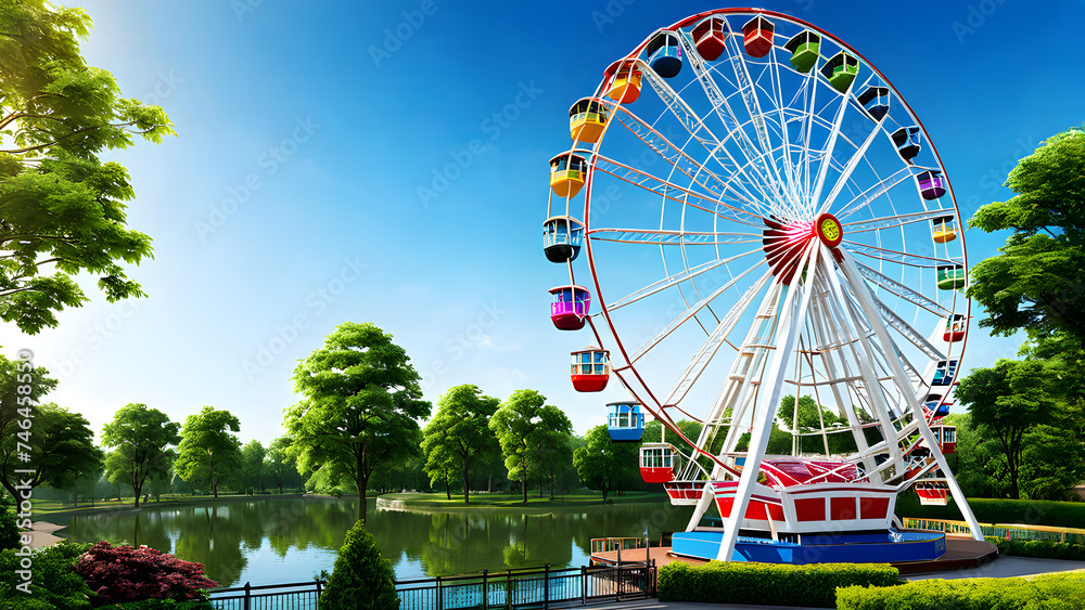 rides,amusement park,Ferris Wheel: Slow, scenic ride providing panoramic views of the park and surrounding area, perfect for a leisurely experience,Generative aI