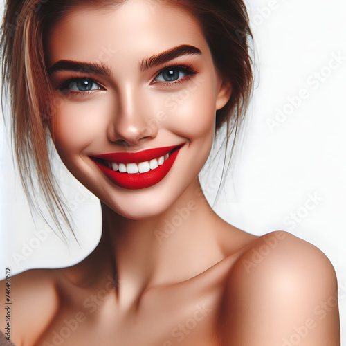 Photo of Beautiful woman face. Perfect toothy smile. Caucasian young girl close up portrait. red lips, skin, teeth. Isolated on white background. Studio shot . happy positive girl