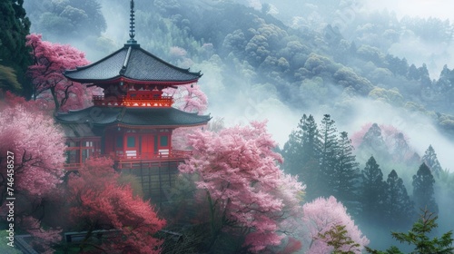 A traditional Japanese pagoda stands amidst a bloom of cherry blossoms, with misty forested hills in the background
