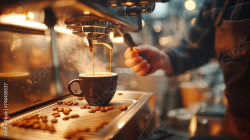 Barista making coffee in coffee shop  closeup. Professional coffee brewing process. Coffee concept