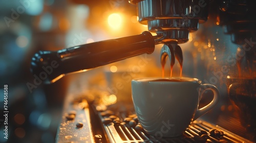 Coffee machine making a cappuccino in a white cup. Coffee concept photo
