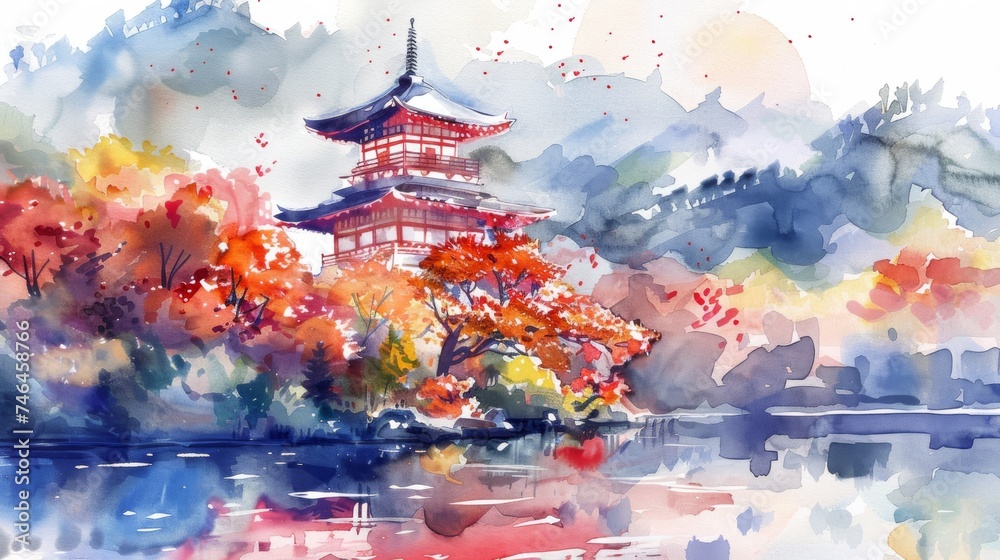 Fototapeta premium A watercolor pagoda beside a lake, enveloped in autumnal colors with reflections dancing on the water's surface