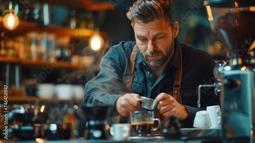 Handsome barista pouring a cup of coffee in a cafe. Coffee concept