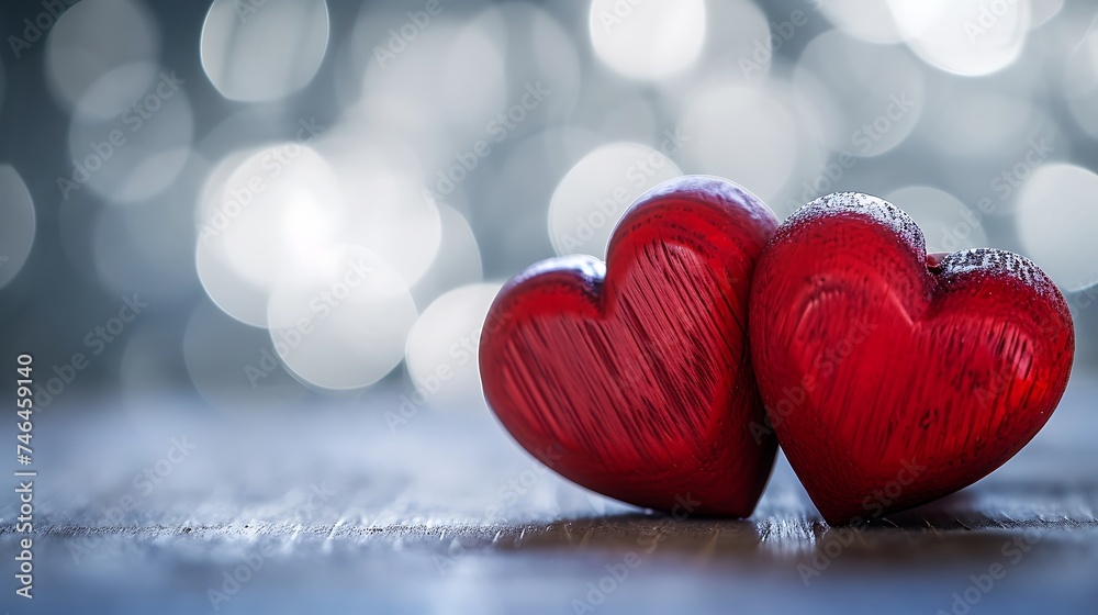 Fototapeta premium Red wooden hearts with an unfocused background
