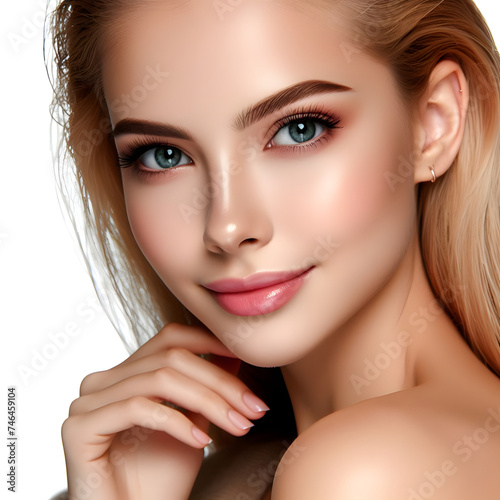 Photo of Beauty Woman face Portrait. Beautiful Spa model Girl with Perfect Fresh Clean Skin. Blonde female looking at camera and smiling. Youth and Skin Care Concept. Isolated on a white background
