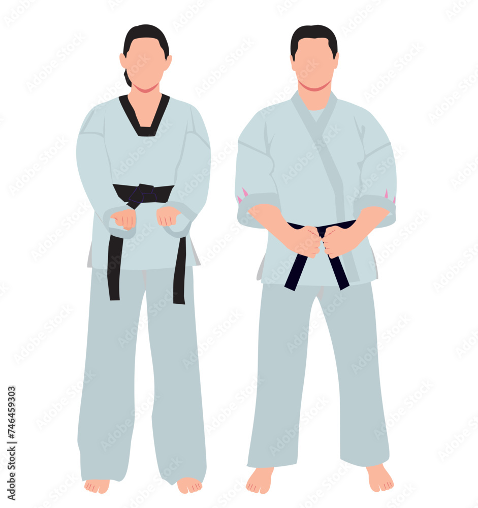 Male and female karate player. Realistic pair of male and female combat player in isolated white background. Male and female karate player. Realistic pair of male and female combat player in isolated white background.