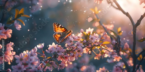 Butterfly perched on flower, beautiful background under sunlight © Jing