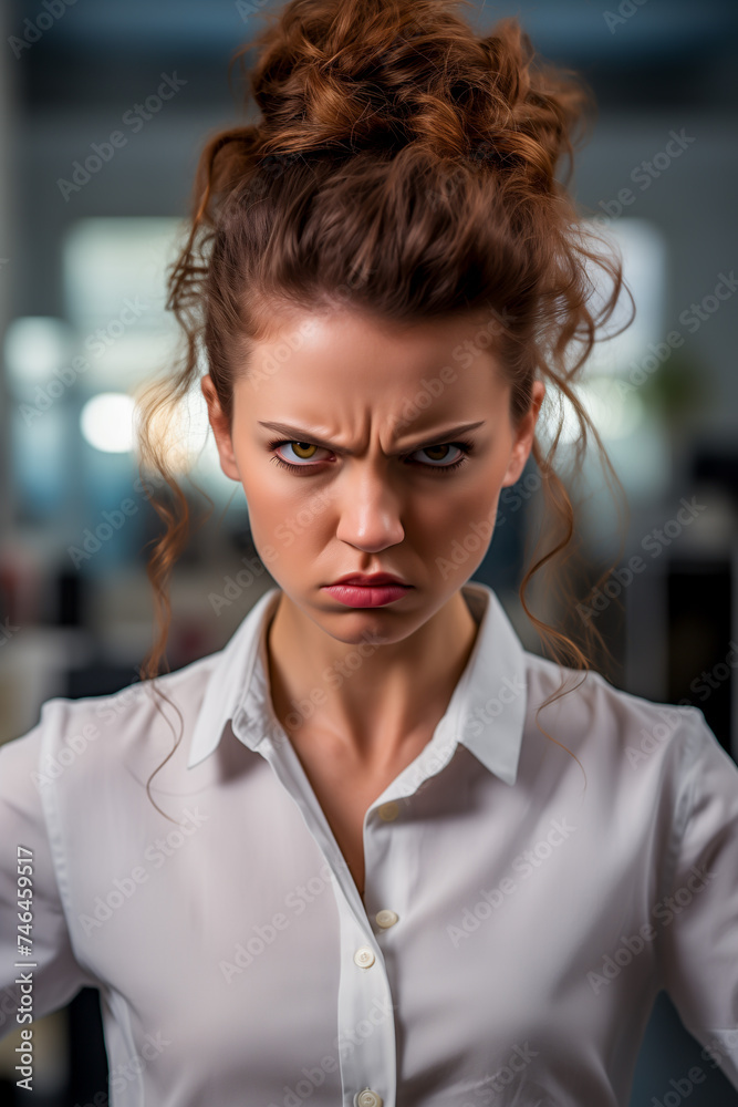 Angry young employee woman in the office