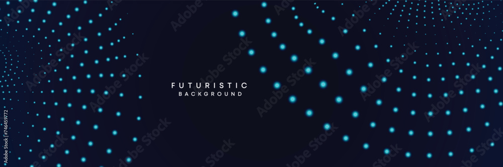 Dark blue digital technology banner gradient web background. Blue abstract waving lines and halftone circles frame glowing geometric diagonal pattern business background for brochure, cover, header