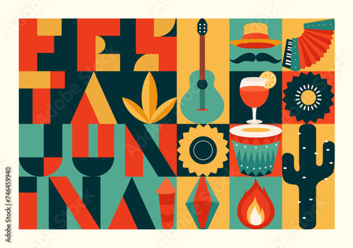 Festa junina poster with geometric pattern.
