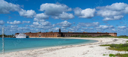 General view of Fort Jefferson from Bush Key with the ferry boat parked in front, Dry Tortugas National Park, Key West, Florida