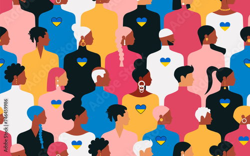 Women and men of different nationalities and ages with Ukraine in their hearts together form a seamless pattern. Vector.