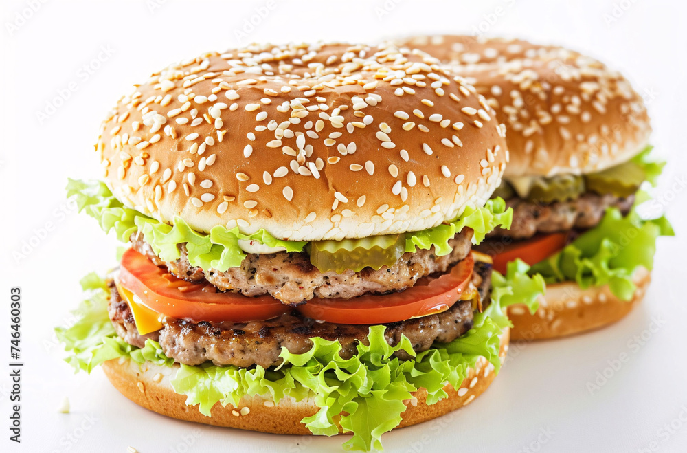Double Decker Cheeseburger with Fresh Lettuce and Tomato on Sesame Bun Double Decker Cheeseburger with Fresh Lettuce and Tomato on Sesame Bun