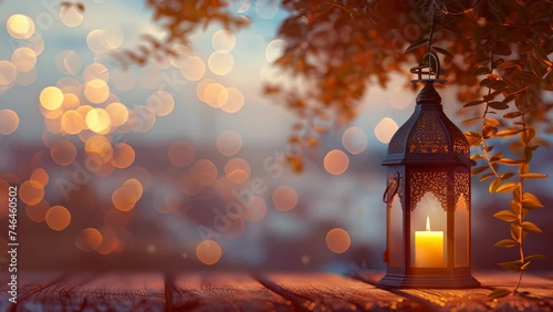 Vintage Ramadan lantern on table. Lantern symbol of Ramadan on a blurred background. Muslim concept. Designed for the celebration of Eid-Ul-Adha. Video animation background.
