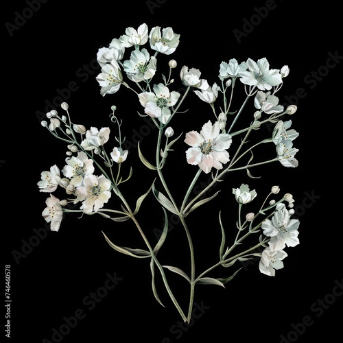 Watercolor, Gypsophila Flowers isolated on black background
