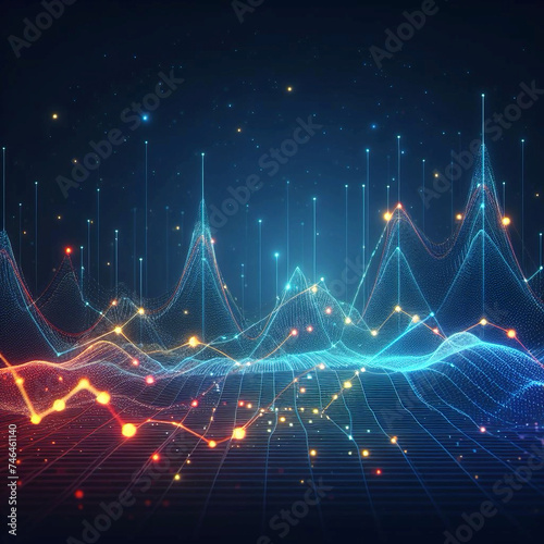 Growth hologram, digital growth from particles, blue yellow and red colors, graph up, business image.. Generative AI.