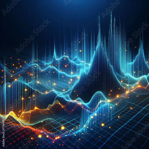 Growth hologram, digital growth from particles, blue yellow and red colors, graph up, business image.. Generative AI.
