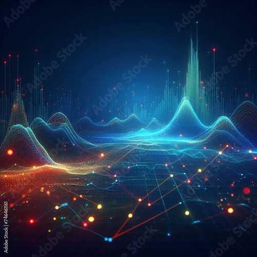 Growth hologram, digital growth from particles, blue yellow and red colors, graph up, business image.. Generative AI.