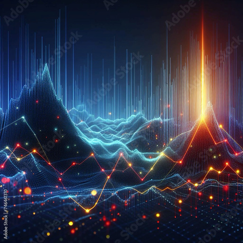 Growth hologram, digital growth from particles, blue yellow and red colors, graph up, business image.. Generative AI.