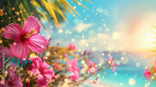 Pink hibiscus flowers on tropical beach with bokeh background. Hello summer concept. Summer background