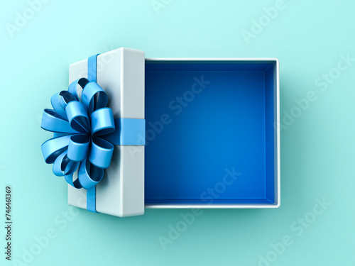 Blank open white gift box with blue bottom inside or top view of opened present box with blue ribbon and bow isolated on light blue pastel color or cyan background minimal concepts 3D rendering
