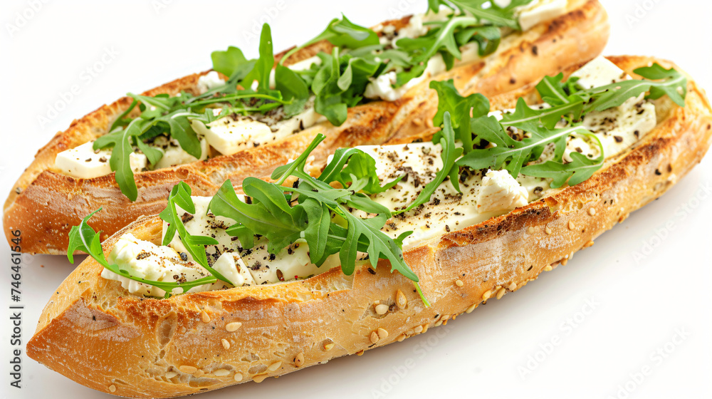 Crusty golden French baguette with goat's milk cheese.