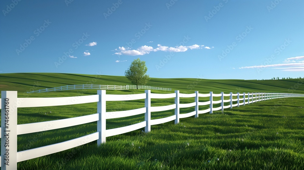 White fence on a green grass meadow against blue sky, sunny day