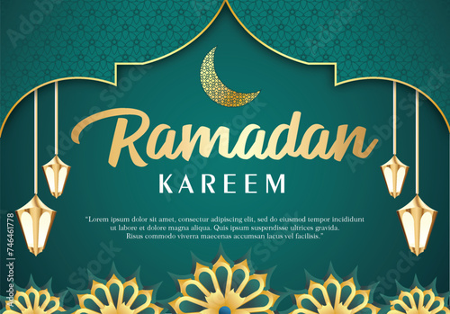 Vector Pamflet Template Ramadhan Celebration Ramadan Kareem Idul Fitri Eid Al-Fitr Green Gold Lantern Flower Mandala Pamphlet Landscape Design photo