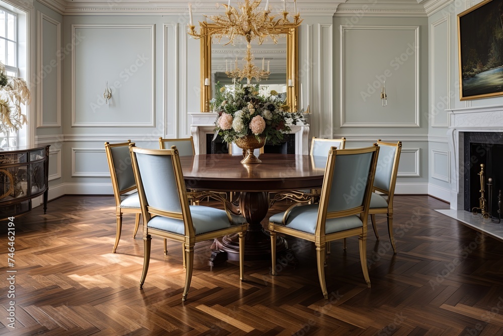 Herringbone Elegance: Classic Dining Room Designs with Gold Leaf Accents