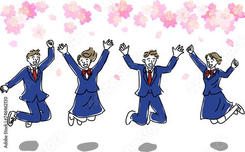 ジャンプする男女学生と桜シンプル線画
