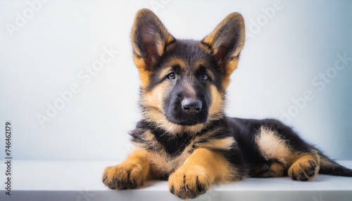 a German Shepherd puppy resting on a white backdrop  fixating its gaze on the copy space  ideal for showcasing pet products or services.