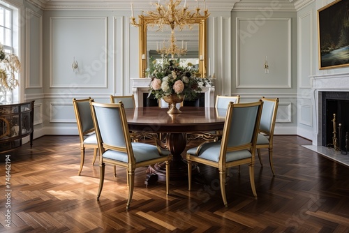 Herringbone Elegance: Classic Dining Room Designs with Gold Leaf Accents