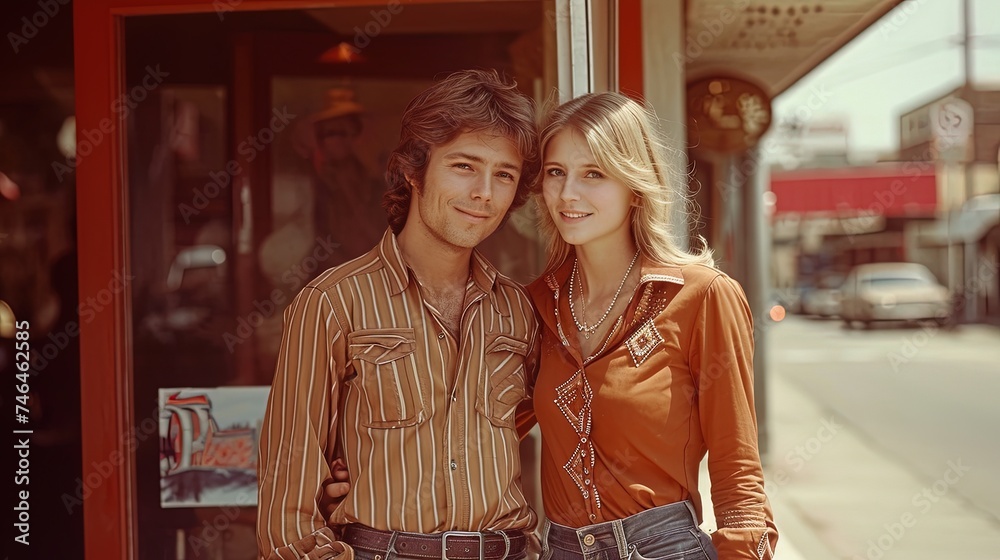 Fototapeta premium Stylish and beautiful couple dressed in 70s fashion, exuding retro vibes and vintage style