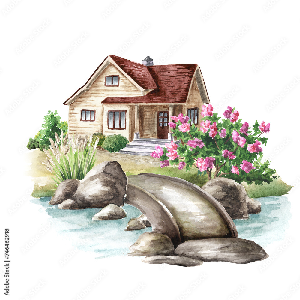 Fototapeta premium Cozy country cottage in the garden on the river bank. Hand drawn watercolor illustration, isolated on white background