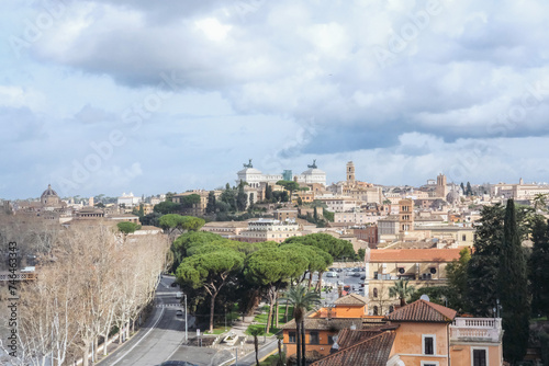 Rooftop view from the "Giardino degli Aranci" in Rome. The view over Vatican, river, buildings 