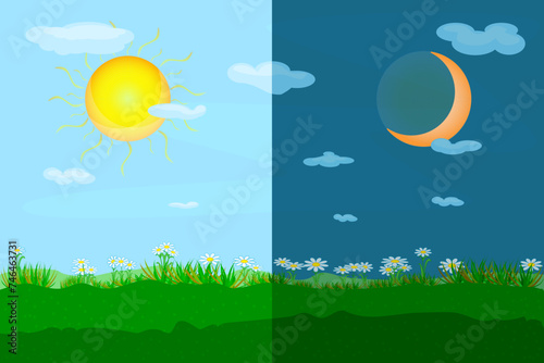 Day and night landscape with meadow. Sun and moon as vernal or autumnal, spring equinox day concept. Day and night with moon and sun. Earth seasons. Weather forecast background. Vector illustration