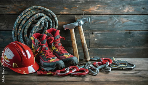 Climbing Gear: Helmet, Hammer, Carabiner, Trekking Shoes, and More Arranged on Wooden Background