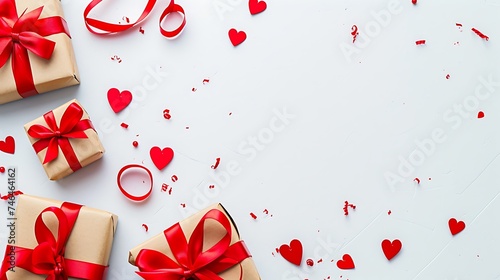 valentine day background with gift boxes red ribbon and hearts on white background top view flat lay