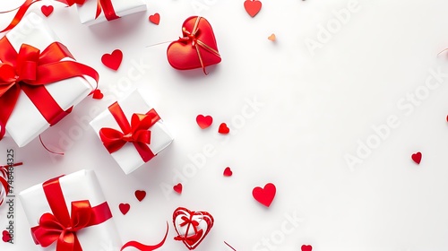 valentine day background with gift boxes red ribbon and hearts on white background top view flat lay