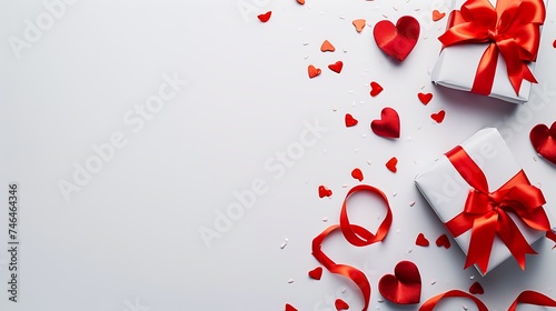 valentine day background with gift boxes red ribbon and hearts on white background top view flat lay
